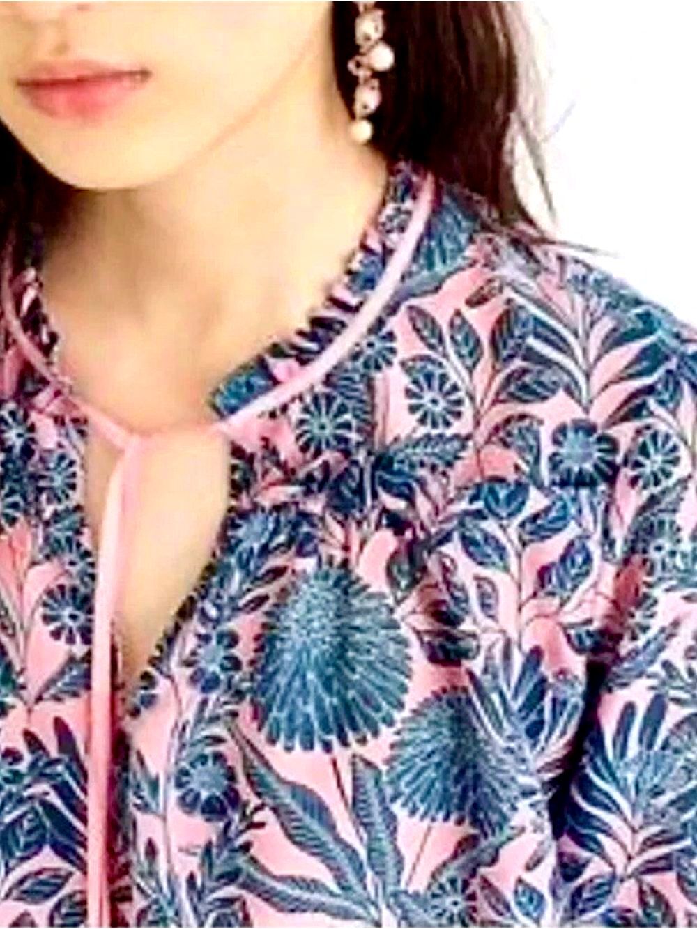 J.Crew x Abigail Borg Silk Blend Floral Boho Peasant Blouse Pink Navy XS